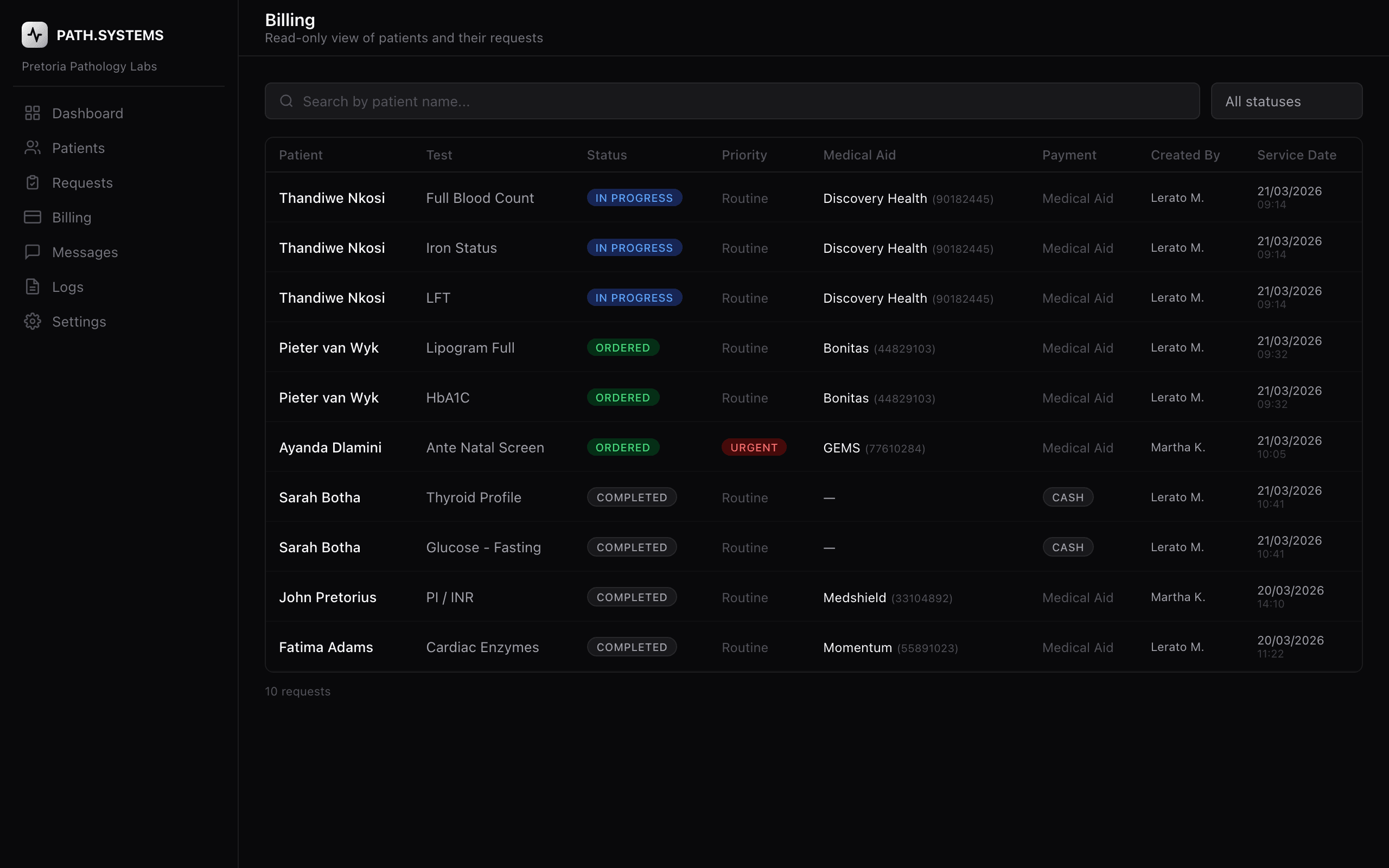 Billing dashboard with medical aid and cash payment tracking