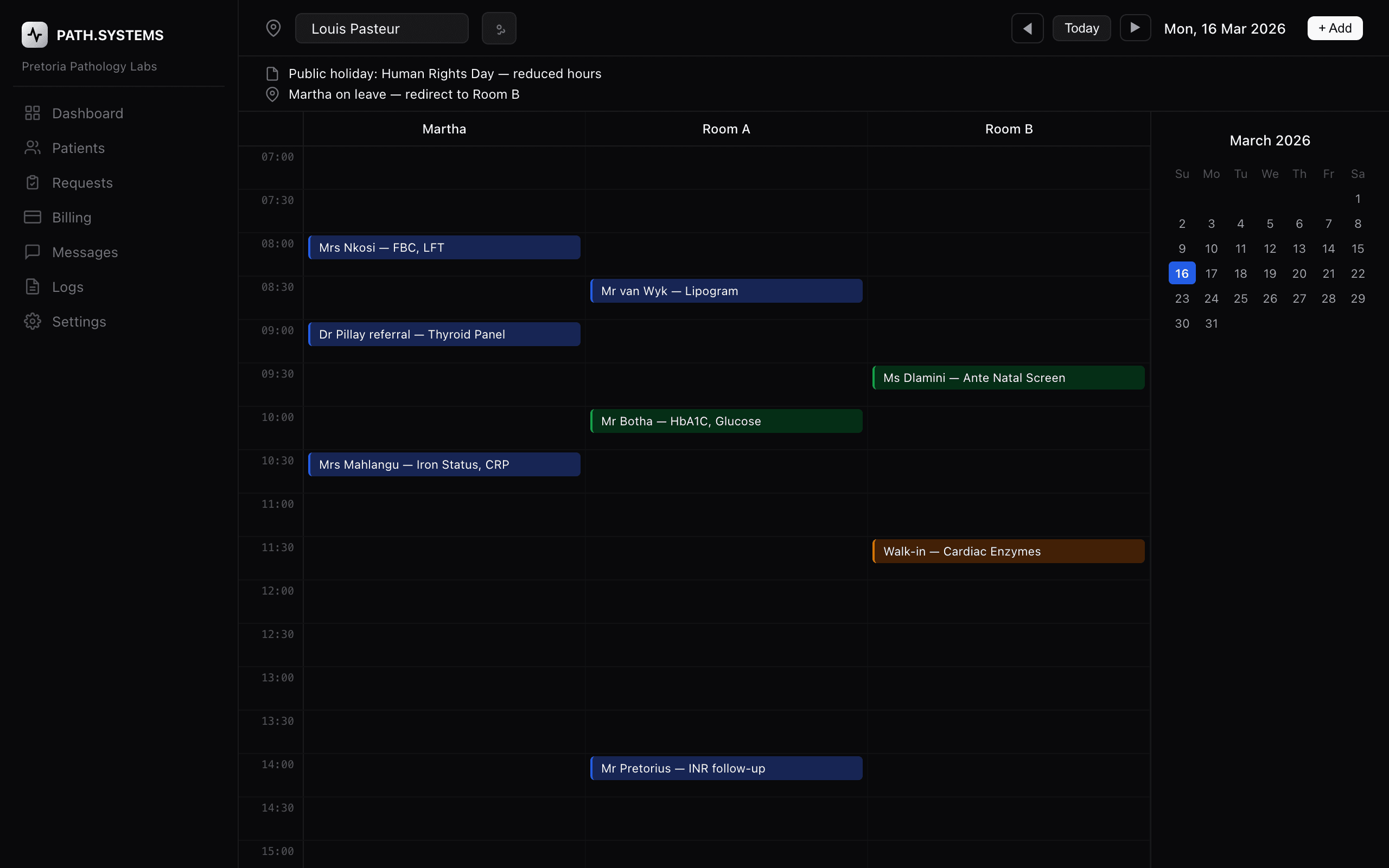 Dashboard — Day view calendar with locations and appointments