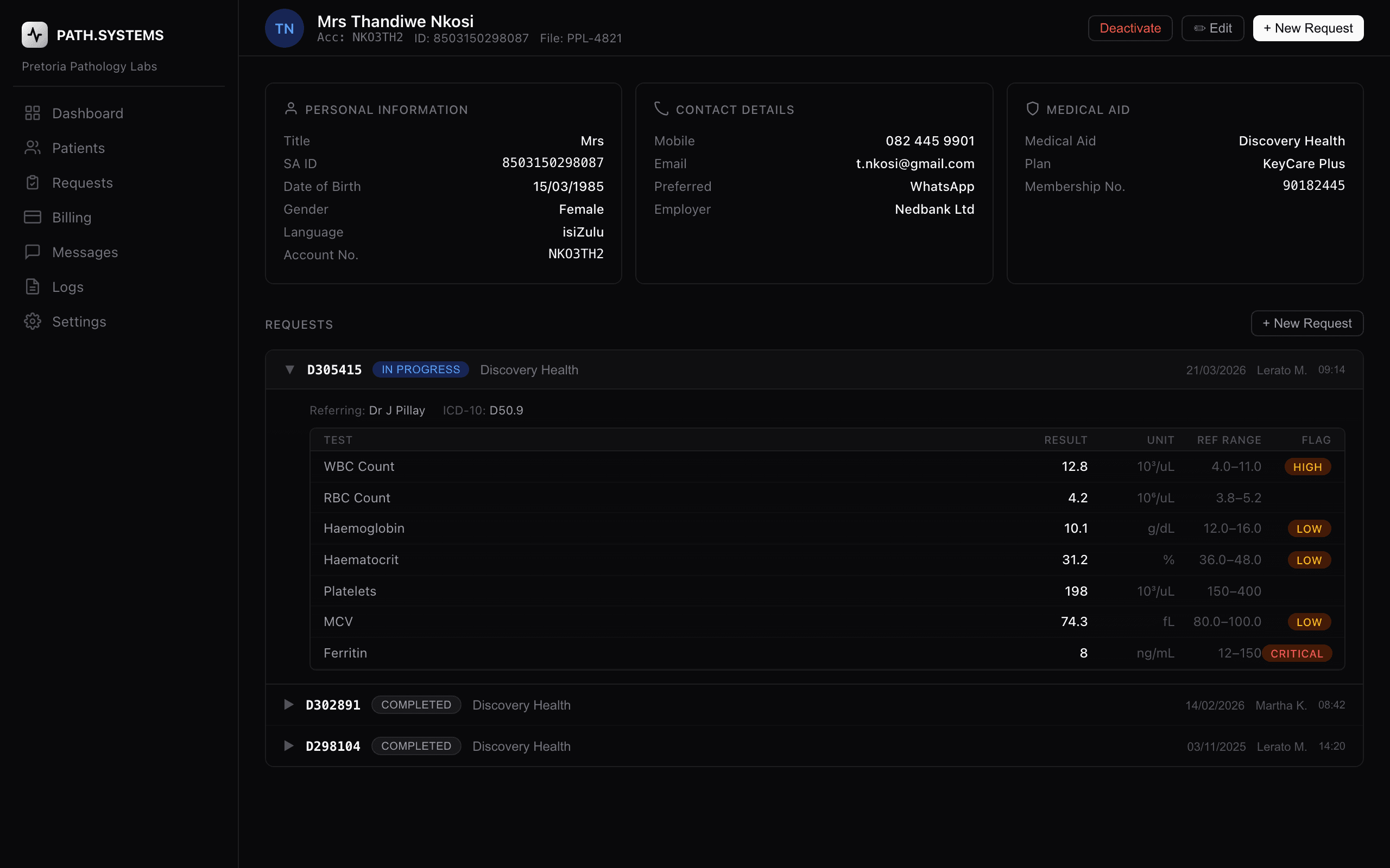 Patient detail with lab results showing abnormal flags