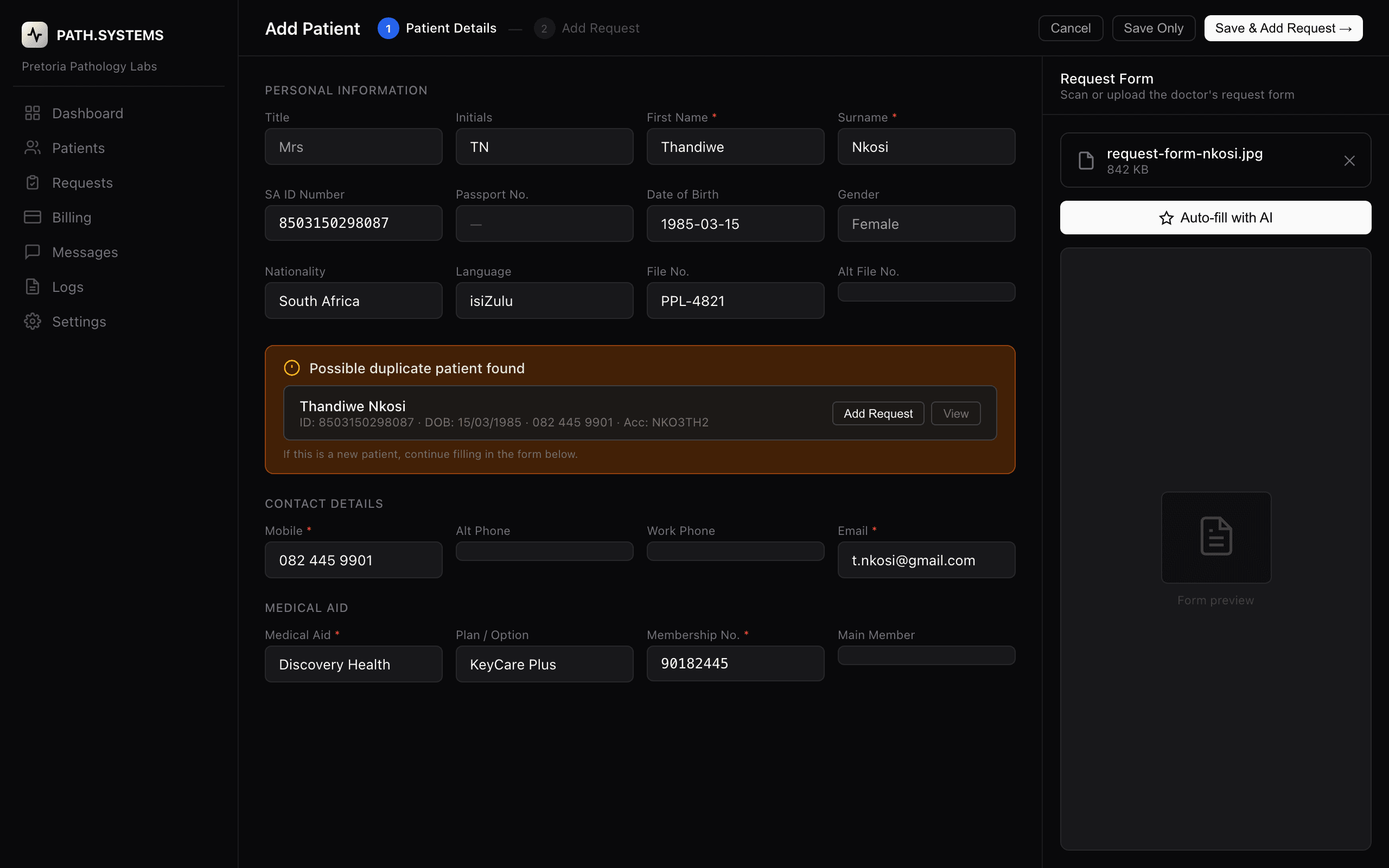 Patient registration with duplicate detection and request form scanning