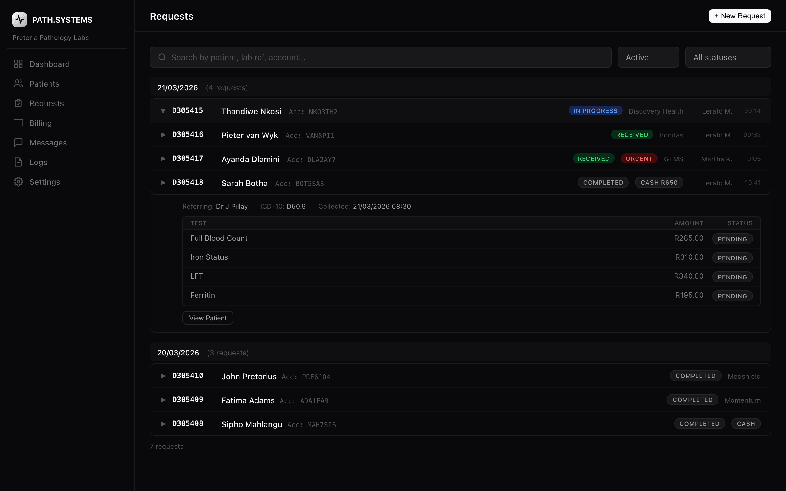 Requests list grouped by date with expanded test items