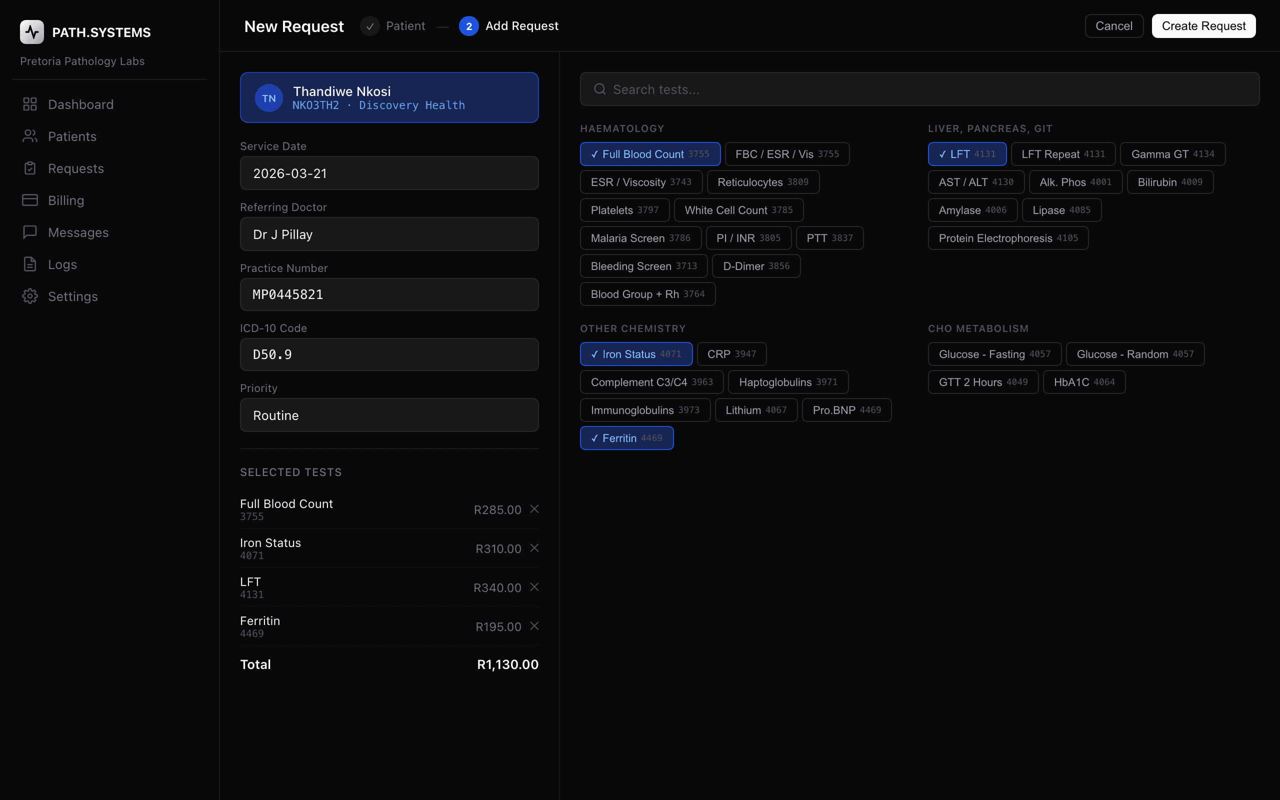 Test ordering with quick-select panel and GEMS tariff codes